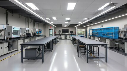 Fototapeta premium Modern laboratory interior with long tables and equipment.