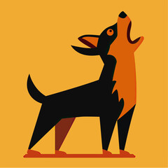 Minimalist flat vector illustration of black and orange dog barking with open mouth standing on orange background in geometric style