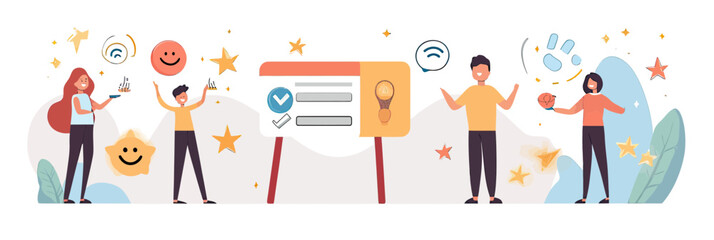 Diverse people celebrating success and teamwork with positive feedback, achievement symbols, and interactive communication in business setting flat vector illustration