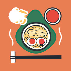 Top view of ramen bowl with boiled eggs, steaming hot soup bowl, chopsticks and tofu on orange background, Japanese cuisine concept illustration vector