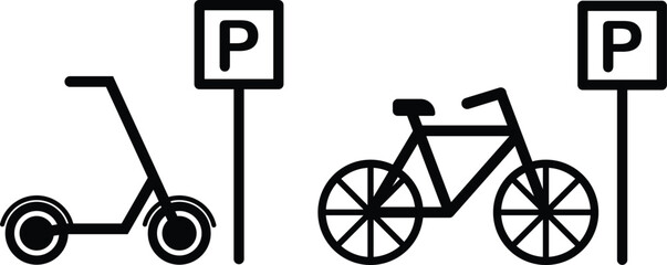 Bicycle scooter parking vector icons set. black and white illustration of a bicycle, scooter and parking sign