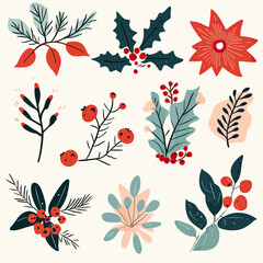 Set of hand drawn minimalistic Christmas floral elements with berries leaves and red flower winter plant decorations for holiday design vector illustration