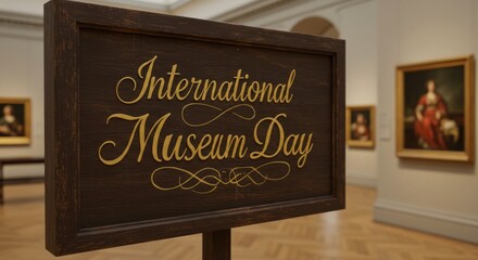 International Museum Day sign in gallery with paintings on the wall.