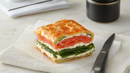 Homemade Food Concept, Delicious layered pastry with spinach, cheese, and meat on a textured plate, ready to be enjoyed.