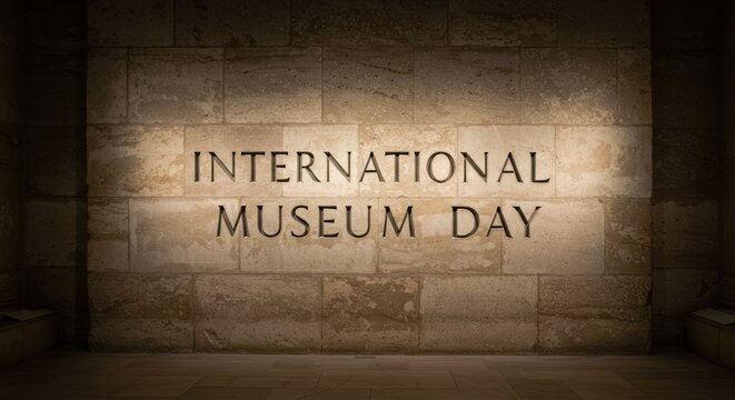 "International Museum Day" text illuminated on a stone wall in a building.