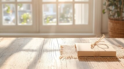Flat Lay Mockup Kraft Paper Gift Packaging on Wooden Table