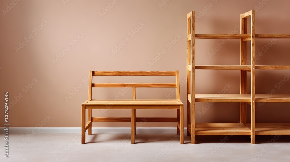 Aufkleber empty wooden shelf stands against a clean beige background, offering a minimalistic space ideal for 