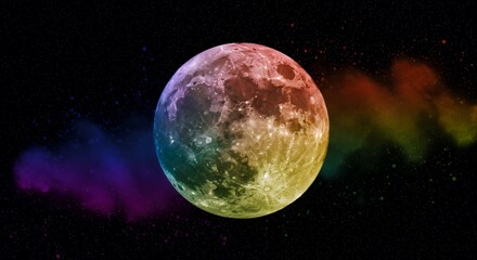 Rainbow Moon Pride LGBT Colors in Deep Space with Cosmic Dust Paint Splatter Illustration