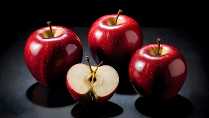 A Vibrant Still Life Features Whole And Halved Shiny Red Apples Against A Dark Reflective Surface