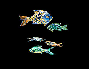 Illustration of colorful stylized fish. Fish of different sizes and shapes. Isolated on black background. Graphic drawing of colored lines, ornaments, fills. White, blue, orange, yellow, green colors.