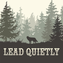 Naklejka premium Wolf Silhouette in Misty Green Forest Peaceful Nature Scene Tranquil Woodland Landscape Serene Wilderness Image Majestic Animal in Evergreen Trees Calm Forest Background Subtle Foggy Atmosphere art 