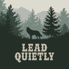 Majestic Wolf Silhouette in Serene Mountain Forest Peaceful Wilderness Nature Scene Tranquil Landscape Design Green Pines Trees Background Wild Animal Artwork Elegant Wildlife Illustration calm view  