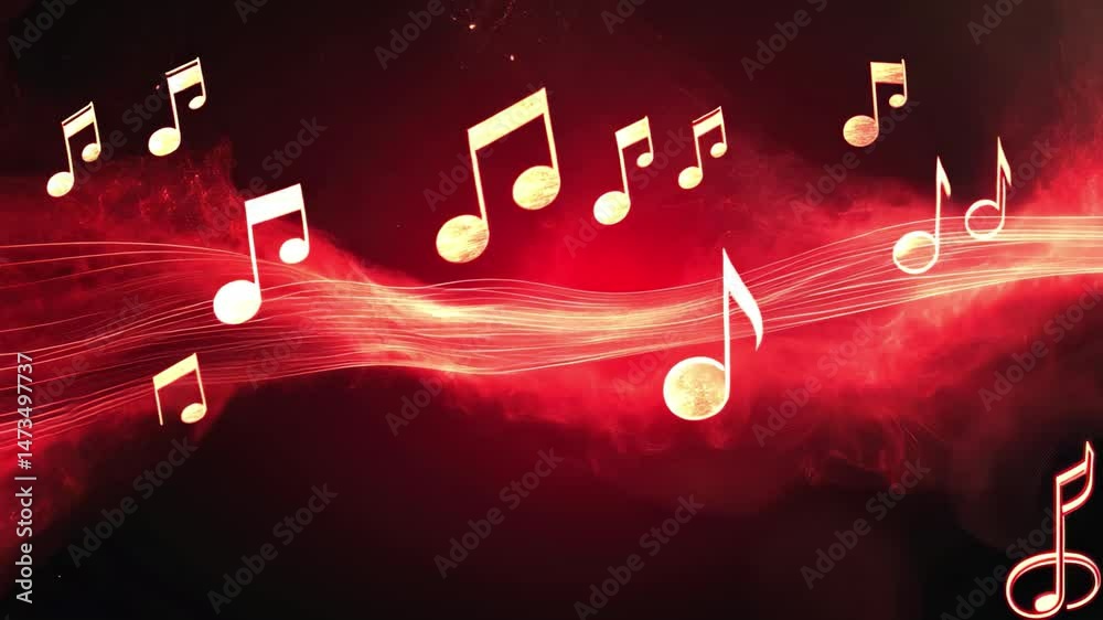 Poster Musical notes drift elegantly through a vibrant red background creating a lively yet soothing atmosphere, Musical Notes Red Drifting
