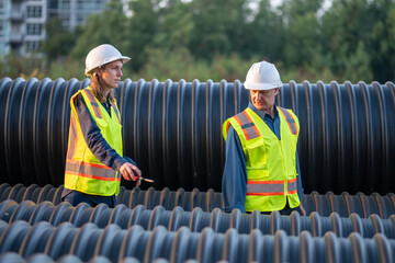 Construction surveyor or engineer working in pipe construction site for inspection detail of...