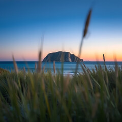 The island at Twilight Cove, Esperance Western Australia, seen through the dune grass.