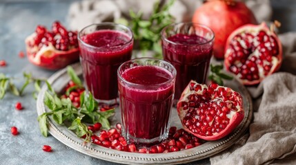 Three glasses of vibrant pomegranate juice are beautifully arranged on a marble tray, surrounded by scattered seeds and softly glowing morning light