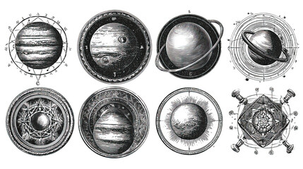 Collection of planets in solar system. Engraving style. Vintage elegant science set. isolated transparent background PNG