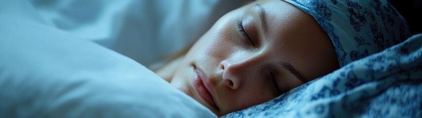 Naklejka premium Woman Sleeping with a Blue Patterned Eye Mask on