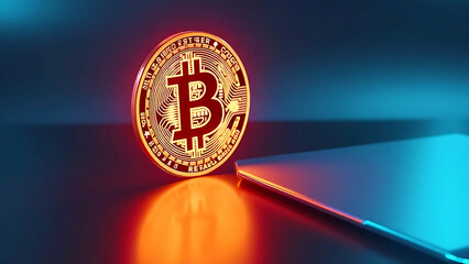 A glowing Bitcoin coin with red light.  Economy background.