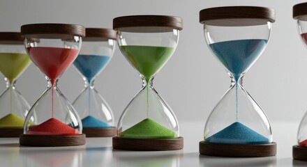 Colorful hourglasses arranged in a row on a light background.