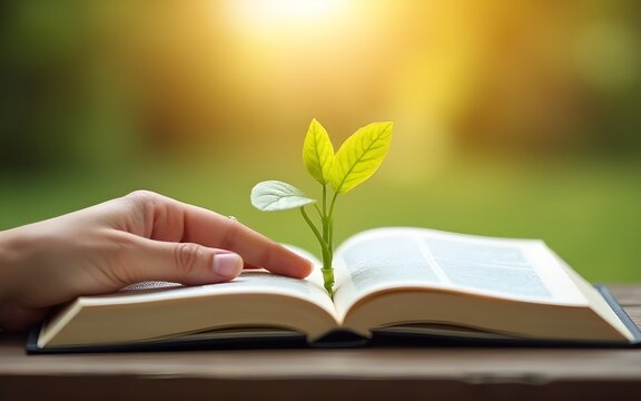 Hand Gently Resting Near a Small Green Plant Sprouting from an Open Book in Warm Sunlight. High quality