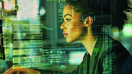 Digital data processing focuses on biracial businesswoman working intently on computer at dusk, digital data processing over biracial businesswoman in office - Powered by Adobe