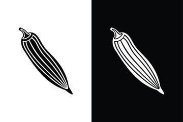 Minimal Okra Pod Icon silhouette. Simple Line Drawing Isolated on White and Black