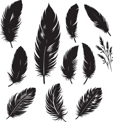 Obraz premium Black feather silhouettes in various styles, perfect for boho artwork, tattoo designs, tribal prints, freedom concepts, and spiritual or minimalist nature-themed compositions