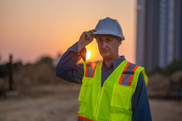 Construction surveyor or engineer working in pipe construction site for inspection detail of...