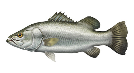 Fototapeta premium Silver Barramundi Illustration displaying detailed scales and fins on clean white background