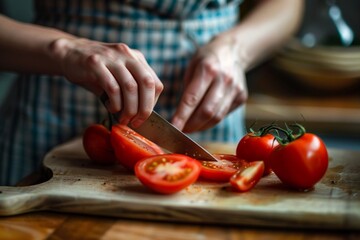 Woman slicing tomato