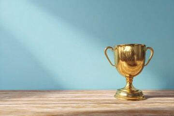 Golden trophy displayed on a light wooden surface.