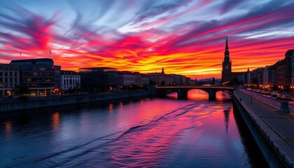 Naklejka premium Riga's vibrant sunset paints the Daugava River, showcasing a blend of modern and historic architecture, city, shadows