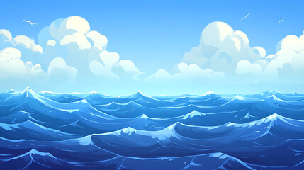 Cartoon illustration of blue ocean waves under a partly cloudy sky with seagulls