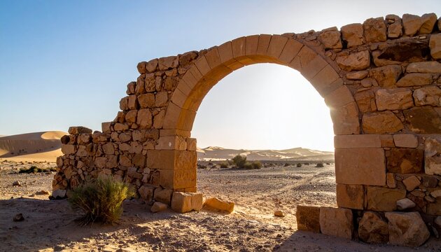 Stone archway in desert landscape, bathed in sunlight