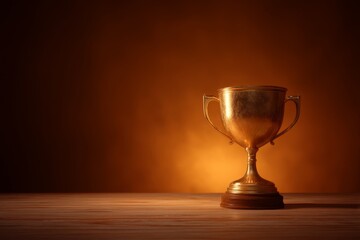 Golden trophy illuminated on a wooden surface.