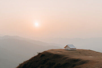 serene and light minimalist campsite set against stunning sunset featuring single focal point that draws eye