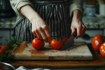 Woman slicing tomato