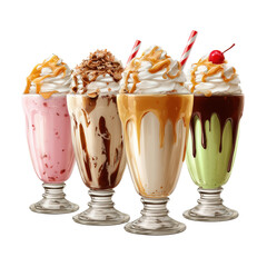 Four Delicious Milkshakes in Different Flavors , isolated on white background png
