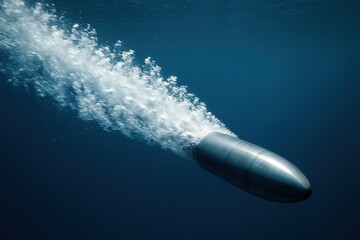 Torpedo speeding underwater, military weapon in action