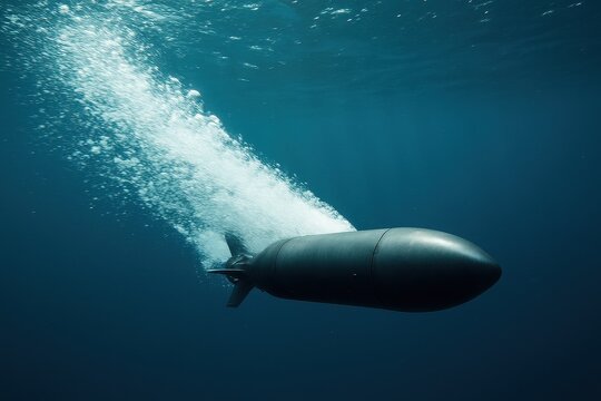 Military torpedo speeding through water, underwater combat technology