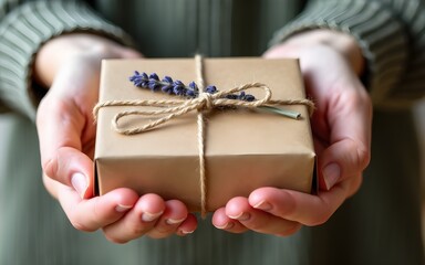 Fototapeta premium Hands Holding a Brown Paper Gift Box with Lavender and Hemp Twine. High quality