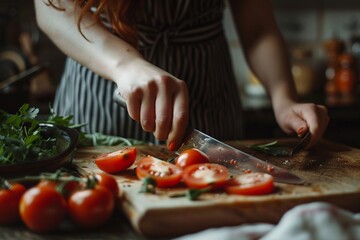 Woman slicing tomato