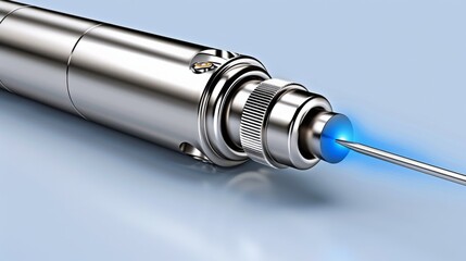 Close-up of a modern syringe with a blue needle tip on a light background