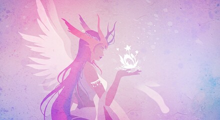 Celestial Guardian: A radiant figure with ethereal wings and a crown delicately cradles a luminous bloom, bathed in a soft, mystical glow.