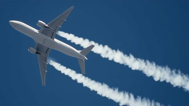 High-altitude close-up of a commercial airliner emitting long contrails across a deep blue sky, captured with a telephoto lens in smooth lateral motion.