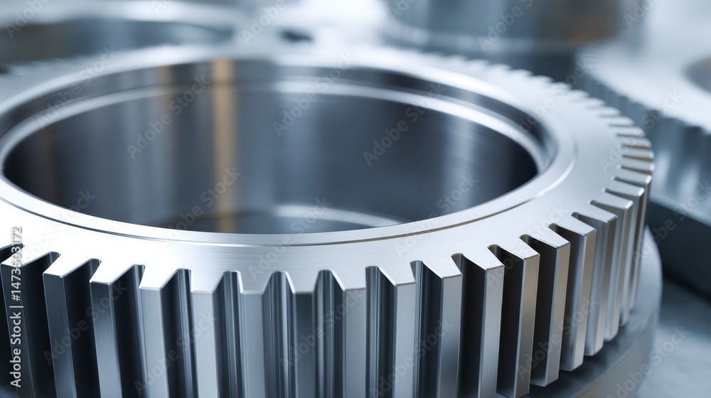 Poster a close-up of a metallic gear features sharp symmetrical spokes and a shiny chrome surface, set agai