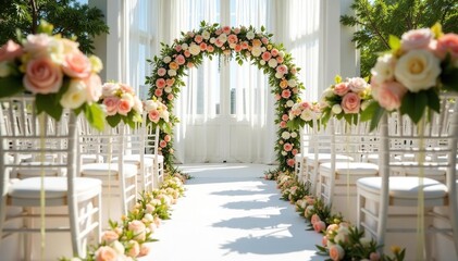Fototapeta premium Elegant wedding ceremony setup with floral arrangements and white chairs , wedding styling, setup, classic