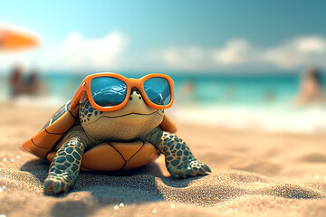 A relaxed turtle wearing sunglasses enjoys a sunny day at the beach with people in the background