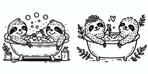 Sloth Couple sharing a bubble bath. Cartoon animal clipart silhouette vector illustration. Two slow-moving creatures having bubbly immersion bath time relaxation.